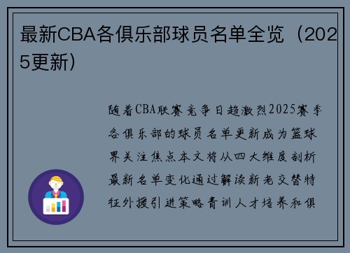 最新CBA各俱乐部球员名单全览（2025更新）